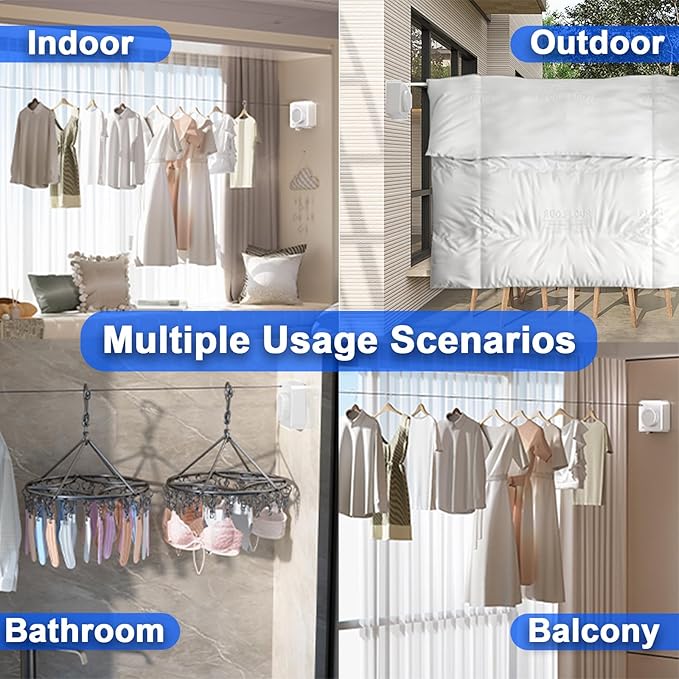 2 Pack Retractable Clothesline Indoor & Outdoor, 16.2 Ft Non-Sagging Stainless Steel Laundry Washing Line with Wall Mounted Heavy Duty Design, Space-Saving Clothing Drying Rack (White)