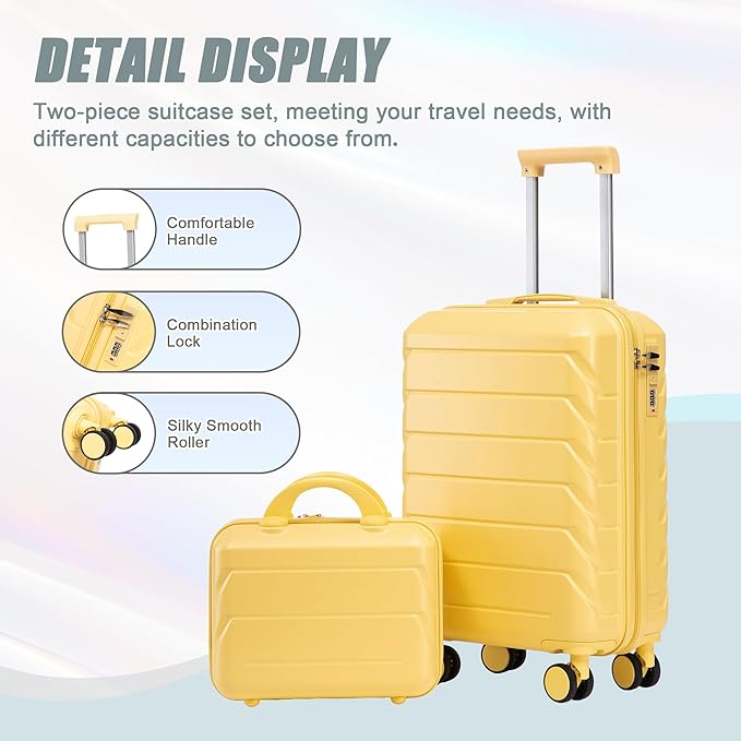 20 Inch Carry on Luggage with 14 Inch Cosmetic Case, 2 Pcs Hardshell Lightweight Durable Spinner Suitcase Set for Travel, Women, Men, TSA Lock, ABS, 20+14 Inch (Yellow)