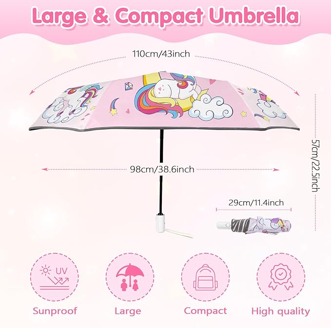 Kids Folding Umbrella Auto Open/Close Umbrellas for Rain Round Corner Safe Design UV Resistant Automatic Children Travel Umbrellas Reinforced Canopy 360° Reflective Strip Lightweight for Girls & Boys