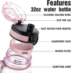 OLDLEY Water Bottle, 32oz Motivational Sports Water Bottle with Time Marker - Times to Drink - Tritan, BPA Free, Wide Mouth Leakproof, Anniversary Birthday Gifts for Men Women, Clear Pink
