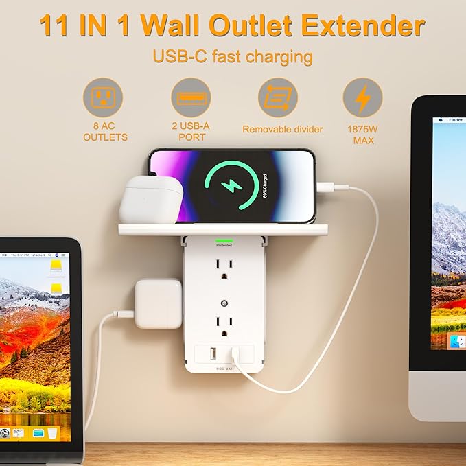 Socket Wall Shelf-CFMASTER 10 Port Surge Protector Wall Outlet, 8 Electrical Outlet Extenders and 2 USB Ports 2.4A, with Removable Built-In Shelf, FCC Listed (1, White)