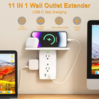 Socket Wall Shelf-CFMASTER 10 Port Surge Protector Wall Outlet, 8 Electrical Outlet Extenders and 2 USB Ports 2.4A, with Removable Built-In Shelf, FCC Listed (1, White)
