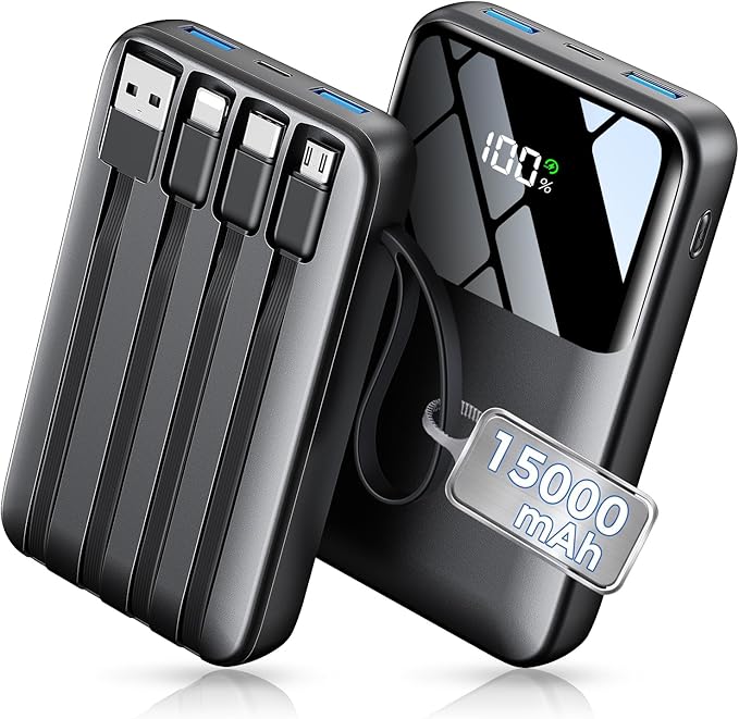 Power Bank, 15000mAh Portable Charger with Built in Cable, 22.5W Fast Charging, 6 Outputs, Slim Travel Essential Battery Pack with LED Display, Compatible with iPhone 17/16/15/14/13, iPad Black