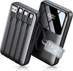 Power Bank, 15000mAh Portable Charger with Built in Cable, 22.5W Fast Charging, 6 Outputs, Slim Travel Essential Battery Pack with LED Display, Compatible with iPhone 17/16/15/14/13, iPad Black