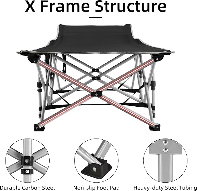 Fragess Portable Camping Cot, Sleeping Cots for Adults, 28" Extra Wide Folding Cot Max Load 600LBS with Thick Mattress, Portable Camping Bed for Outdoor Camp/Office, Home Nap (Black+Grey)