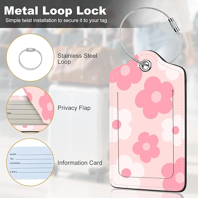 2Pack Luggage Tags for Suitcases, Cute Unique Pu Leather Cruise Luggage Tag with Privacy Cover ID Label Address Card and Metal Ring Suitable for Women Men Kids Travel Bag Pink Large Flower