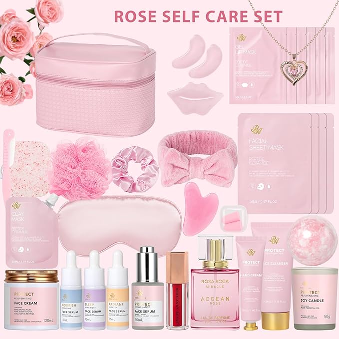 33 Pcs Mother's Day Gift for Mom, Rose Facial Skin Care Set, Bath & Body Spa Basket for Women, Beauty Care Kit, Makeup Bag, Face Serum, Christmas, Birthday, Christmas, Anniversary