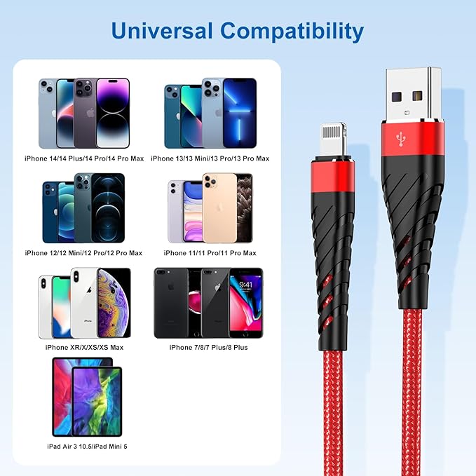 CyvenSmart (3 Pack) Long iPhone Charger 10 Ft for [Apple MFi Certified], 10 Foot USB A to Lightning Cable Fast Charging Cord 10 Feet for iPhone 14/13/12/11/XS/XR/X/8/7/6/5/SE Plus Pro Max Mini -Red