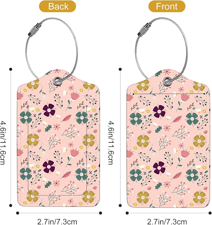 2Pack Luggage Tags for Suitcases, Cute Unique Pu Leather Cruise Luggage Tag with Privacy Cover ID Label Address Card and Metal Ring Suitable for Women Men Kids Travel Bag Yellow and green floral print