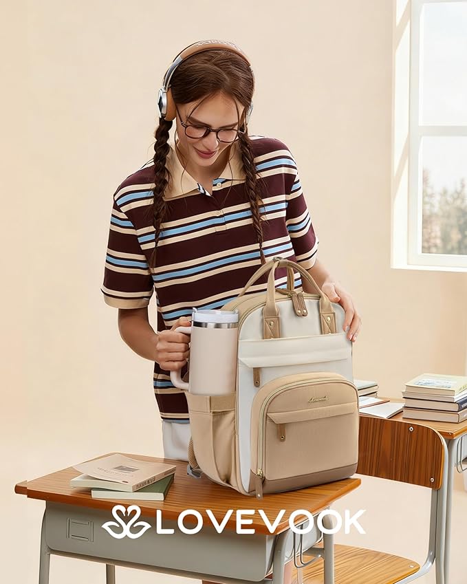 LOVEVOOK Laptop Backpack Women with Giant Tumbler Holder,18.4 inch Work Travel Backpack Computer Laptop Bag,Cute College Nurse Teacher Backpack Purse,Gifts for Women & Men,Yellow-Beige-Browny yellow
