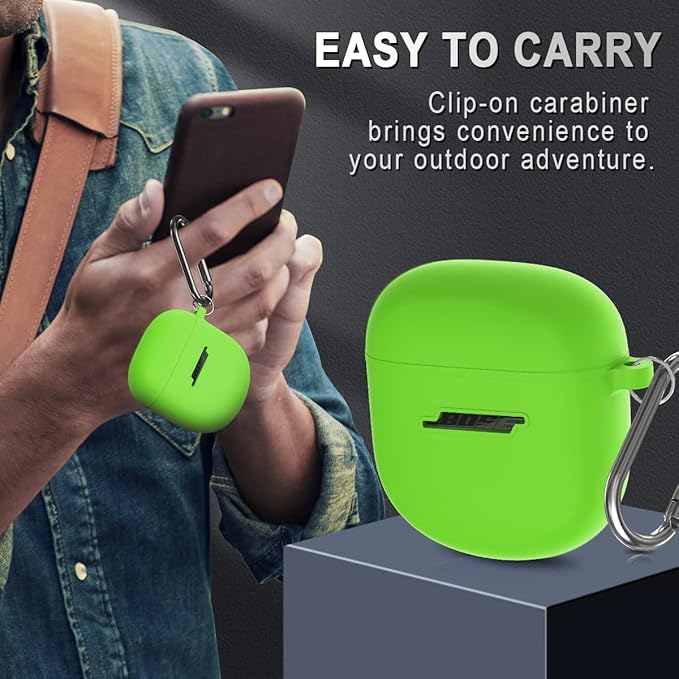 Silicone Case for Bose QuietComfort Earbuds II (2022) & QuietComfort Ultra (2023), Shockproof Protective Cover with Keychain for Men Women (Green)