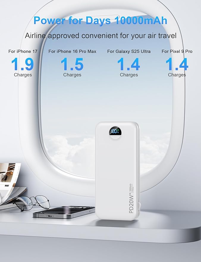 Ffnpua Portable Charger with Wall Plug, 10000mAh USB C Power Bank Fast Charging, External Battery Pack with Built in Cables, Digital Display, 5 Output 4 Input for iPhone Android Cell Phone Tablet