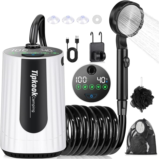 Portable Shower for Camping Essentials: 10000mAh Rechargeable Battery Powered Shower, IPX8 Waterproof Camp Shower Pump, 5-Speed Outdoor Shower with LED Display, Camping Gifts for Men, Dog Bath, Hiking