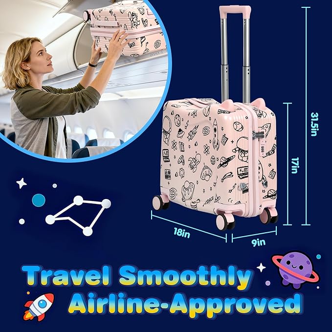 Kids Ride-On Suitcase with Cute Ears, DIY Graffiti Coloring Design, 20" Carry-On Luggage with 4 Spinner Wheels, Pull Rope & Combination Lock – Rideable Travel Case for Toddlers & Children(Pink)