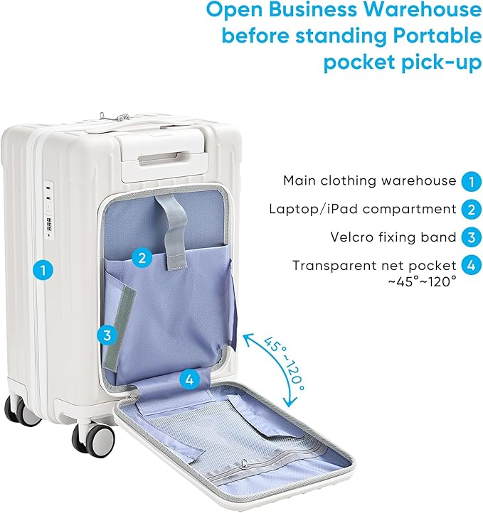 TABU 20" Carry on Luggage with Seat for Kids & Adults，Front-Opening Hardshell Carry On Suitcase with Double Handles & TSA Lock, White