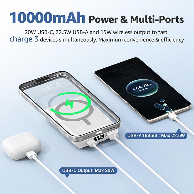 Azmuth Magnetic Power Bank,10000mAh for MagSafe Battery Pack, 22.5W PD Fast Charging,LED Display & Foldable Stand Wireless Portable Charger for iPhone 17/16/15/14/13/12/Pro/Pro Max/Plus,Pearl White
