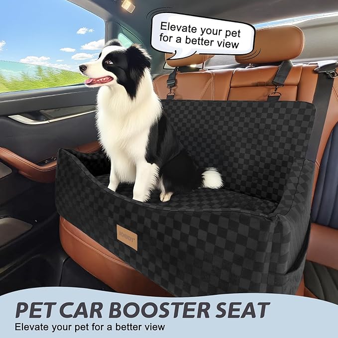 JOEJOY Dog Car Seat for Medium/Large Dogs - Reversible Dual-Sided Travel Dog Car Bed with Memory Foam, Washable Pet Booster Seat for Do gs up to 55 lbs or 2 Small Dogs, 2 Safety Leashes, Black