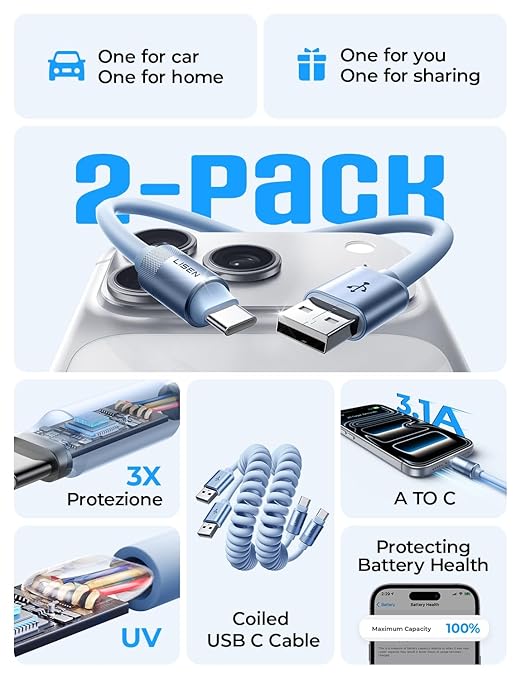 LISEN Coiled USB C Cable, 2 Pack for Android Auto & CarPlay Cable, Short USB A to USB C Cable Compatible with iPhone 17/16/15, Samsung Galaxy S25/S24/S23 A15/A14, Google Pixel 9/8, Blue 4FT
