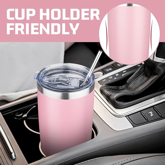 20 oz Tumbler with Lids and Straws, Stainless Steel Insulated Travel Coffee Mug, Double Wall Vacuum Insulated Tumblers, Powder Coated Coffee Tumbler for Cold & Hot Drinks (Pink)