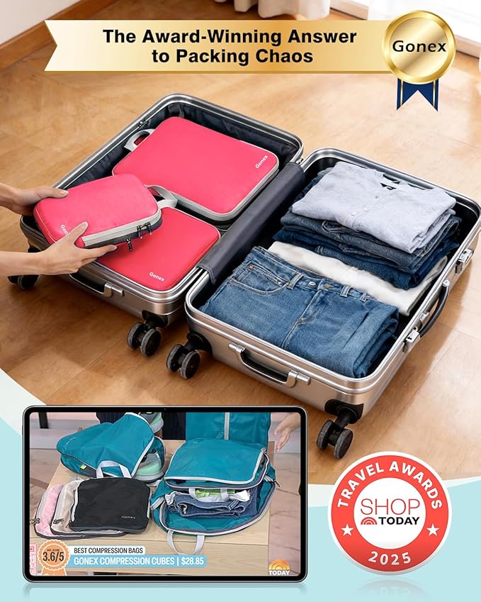 Gonex Compression Packing Cubes, 4pcs Expandable Storage Travel Luggage Bags Organizers (Bright Pink)