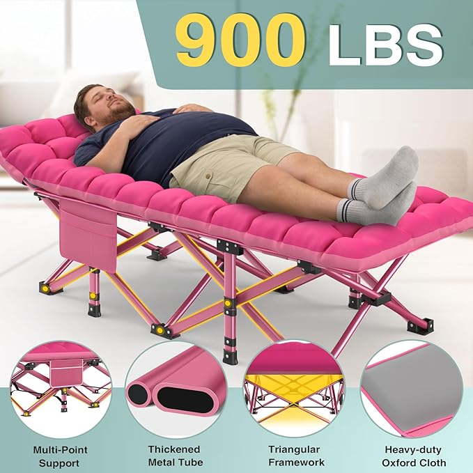ZENPETIO Oversized XXL Folding Camping Cot, Heavy Duty Sleeping Cot for Adults with Mattress and Pillow, Portable Cot Bed with Carry Bag for Outdoor Camp Travel Home Guest Office, Pink