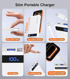 Power Bank with 2 Built-in Cables 10000mAh, 22.5W PD Slim Portable Charger USB C Battery Pack, Travel Essentials Fast Charging Powerbank Compatible with iPhone 17 16 Plus Pro Galaxy iPad White(1 Pack)