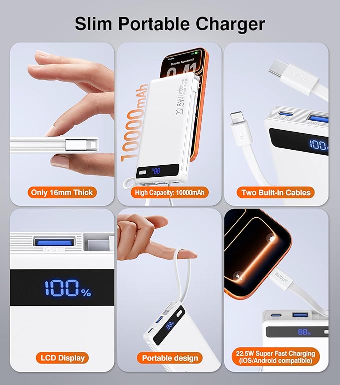 Power Bank with 2 Built-in Cables 10000mAh, 22.5W PD Slim Portable Charger USB C Battery Pack, Travel Essentials Fast Charging Powerbank Compatible with iPhone 17 16 Plus Pro Galaxy iPad White(1 Pack)