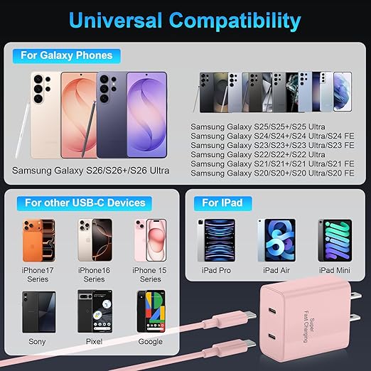 iPhone 17 16 15 Charger Fast Charging, 45W Dual USB C Android Phone Charger Block with 10FT Long Type C Cable Cord for Apple iPhone 17/Pro/Pro Max/Air/16/15 Plus/iPad/S26 Ultra/S25/S24/S23/S22(Pink)