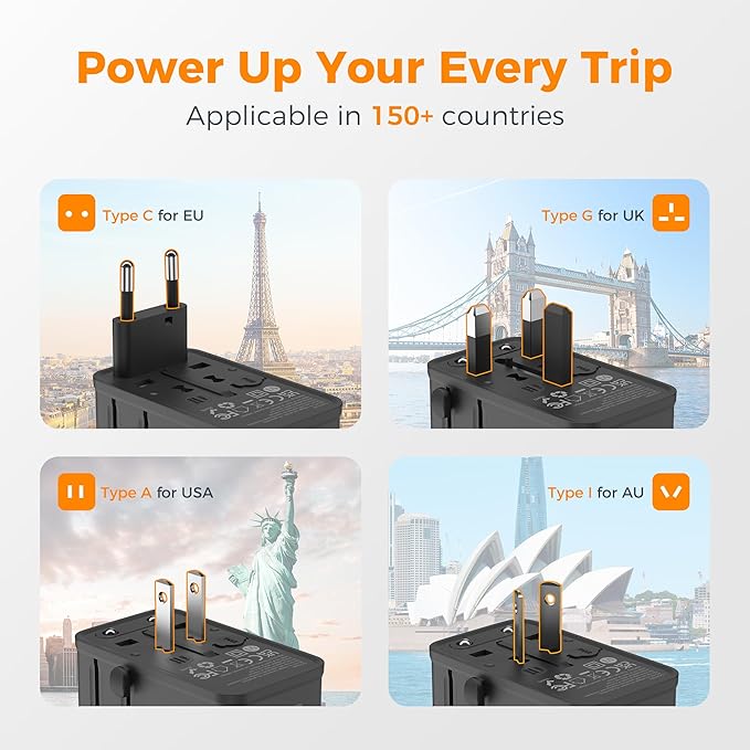 TESSAN Universal Travel Adapter, 65W International Power Adapter with 4 USB Charging Ports (2 USB C), Worldwide Plug Adaptor for US to Europe UK Italy Spain France Ireland Australia (Type C G A I)