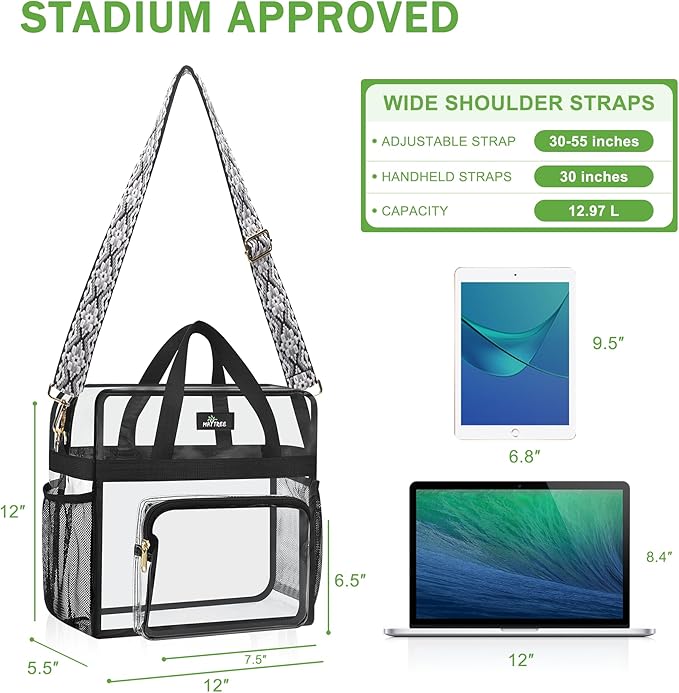 MAY TREE Clear Bag for Stadium Events, 12x6x12 Clear Tote Bag with Removable Strap, Transparent Bag for Concert Sports Gym, White Block-Strap