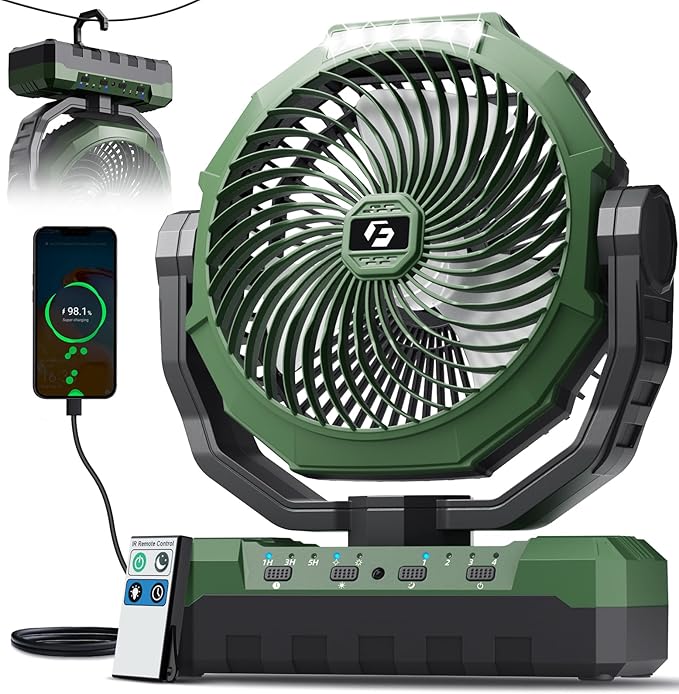 FRIZCOL 3-in-1 Camping Fan - Portable Fans Rechargeable - Detachable Battery Powered Fan with Light & Remote for Indoor, Outdoor, Tent, Travel, Fishing, Jobsite, Gifts for Men Dad Him - Green