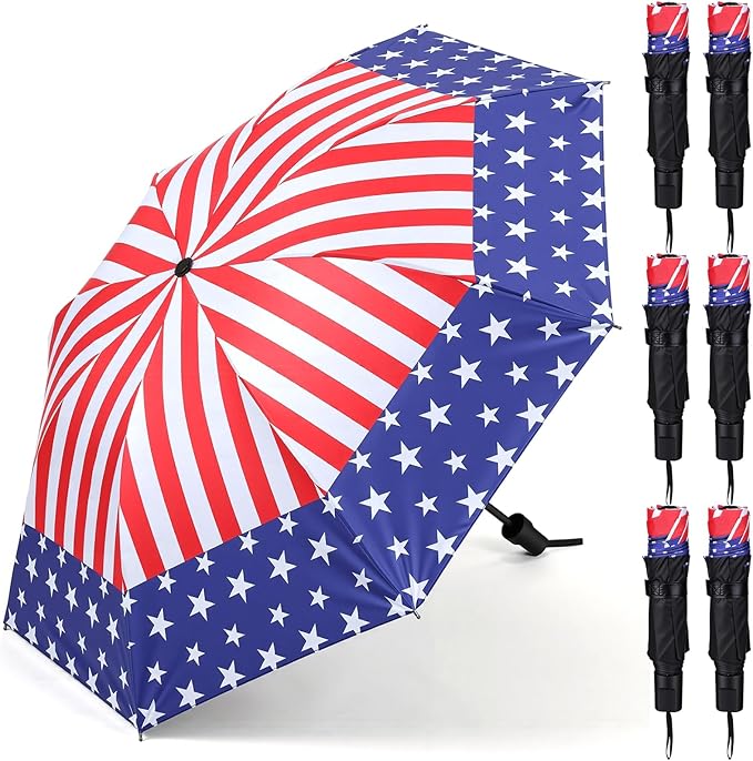 6 Pcs Patriotic American Umbrellas Red White Blue 4th of July Umbrellas with 8-Rib and Black Coating, Windproof