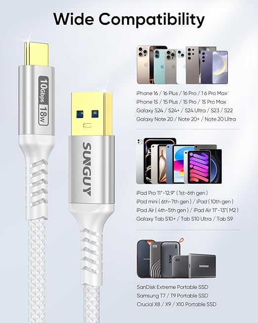 SUNGUY 10Gbps Android Auto USB C Cable, 1.5FT 3A USB 3.1 Gen 2 Fast Charge & Data Transfer USB C CarPlay Cable for iPhone 17 16 15 Pro Max, Galaxy S24 S23 S22 Ultra, SSD (White)