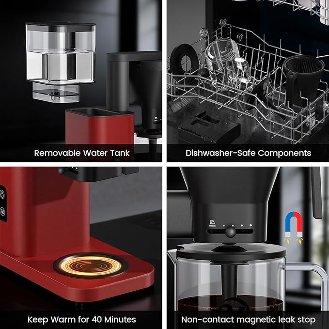 Kismile Drip Coffee Machine,SCA Certified Coffee Maker,Pour Over Coffee Brew with 3s Instant Heat 197-205℉, Adjustable Flow Control, Deep Cold Brew & Keep Warm 40 Min, Easy to Clean (Red)