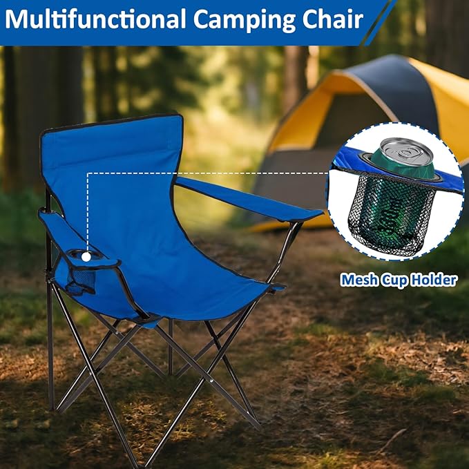 Folding Camping Chair with Cup Holder, 225lbs Capacity, Portable Foldable Chair with Large Anti-Sink Feet, PE Coated Fabric for Outdoor, Beach, Fishing, Backpacking, Blue 2PCS