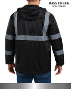 Bass Creek Outfitters Mens Rain Jacket - Waterproof Hooded High Visibility Safety Coat with Reflective Strips