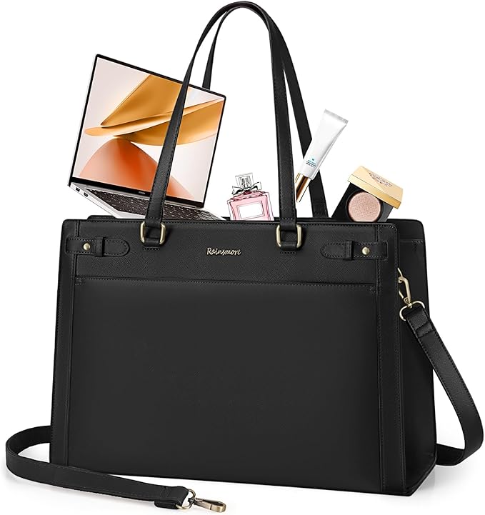 RAINSMORE Laptop Bag for Women 15.6 Inch PU Vegan Leather Work Tote Bag Waterproof Womens Briefcase Designer Computer Bags for Office Teacher College Travel Large Tote Purse Professional Black