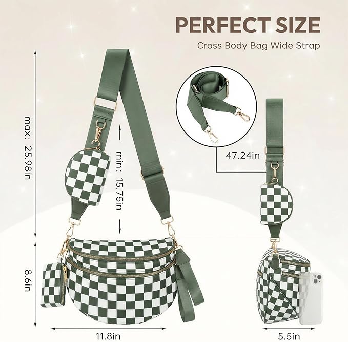 Cross Body Bag for Women Checkered Crossbody Bags Bum Bags for Women Fanny Packs for Girls Small Nylon Checkered Purse Trendy Shoulder Bag (RS-YB-Checkered Green White, One Size)