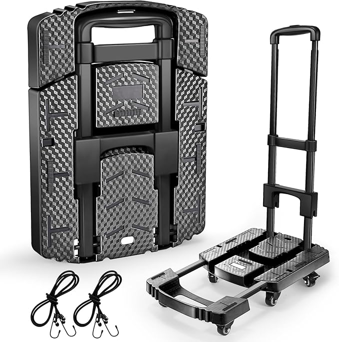 Folding Hand Truck with 6 Wheels and Elastic Ropes - Portable Heavy Duty Dolly Cart for Travel and Moving