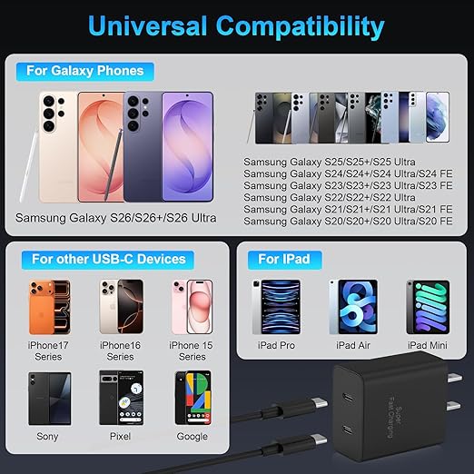 45W 2Pack Super Fast Charger USB C Dual Port Android Phone Charger Type C Fast Charging Block with 6FT Type-C Charger Cord for Samsung Galaxy S26 Ultra/S26/S26+/S25/S24/S23/S22/S21+/iPhone 17/16/15