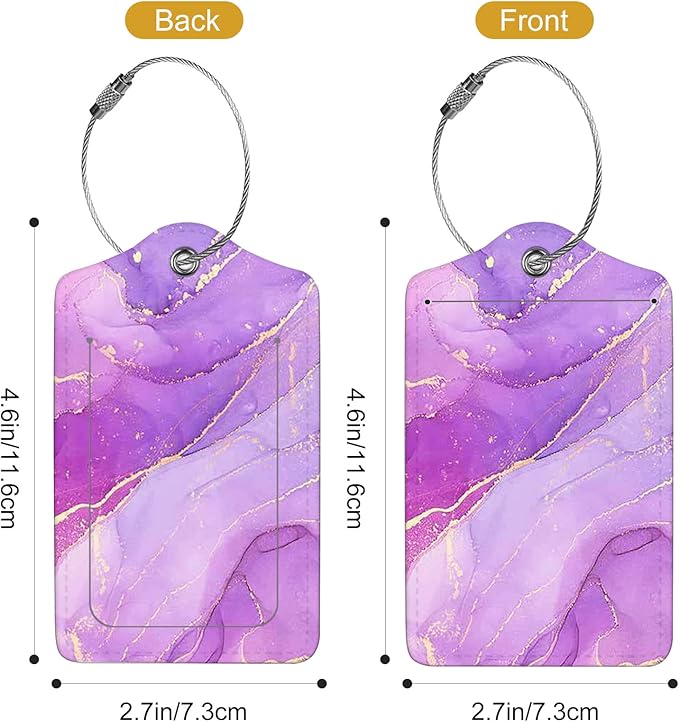 2Pack Luggage Tags for Suitcases, Cute Unique Pu Leather Cruise Luggage Tag with Privacy Cover ID Label Address Card and Metal Ring Suitable for Women Men Kids Travel Bag Purple Marble Pattern
