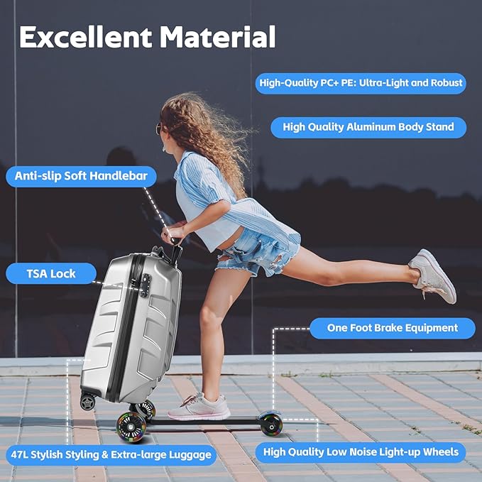 Scooter Suitcase for Kids & Adults，3-D Hardshell Ride On Scooter Luggage with Led Light Up Wheels，TSA Lock，Lightweight Foldable Carry On Rideable Suitcase for Children Teenagers (Silver, 21-inch)