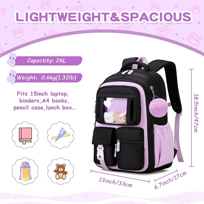 PIG PIG GIRL Kids Backpack for Girls School Bags for Middle School Students Book Bag for Elementary Primary Kawaii Ita Backpack, Black and Purple