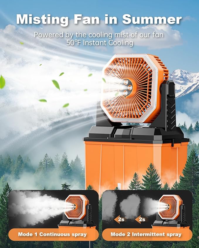 Orteen Portable Misting Fan, Rechargeable Outdoor Cooler, Battery Operated Personal Fan with3 Speeds & 8L Bucket for Patio, Camping,Hiking, Backyard, Travel, Desk,Pool, Beach