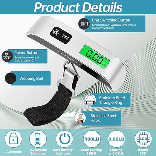 Digital Luggage Scale,3 Pack Luggage Weight Scale,110LB Handheld Digital Hanging Scales,Baggage Scale with Backlit LCD Display,Portable Suitcase Weight Scale with Hook for Travelers,Battery Included