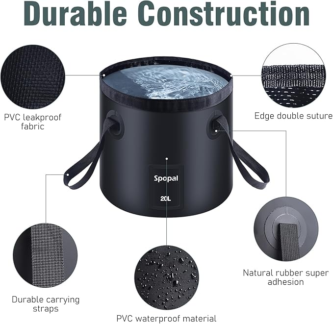 Portable Shower for Camping, [Upgraded] Spopal 8000mAh Rechargeable Camping Shower with 5 Adjustable Speeds, 4 Spray Modes with Collapsible Bucket with Handle 20L for Hiking, Travel, Car, Pet