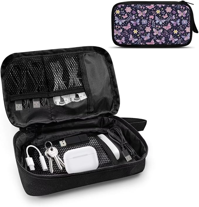 Purple Butterfly Electronic Organizer Cable Organizer Bag Travel Bag Cable Organizer Pouch Electronic Accessories Carry Case for SD Card Charger Phone Earphone Tech Pouch