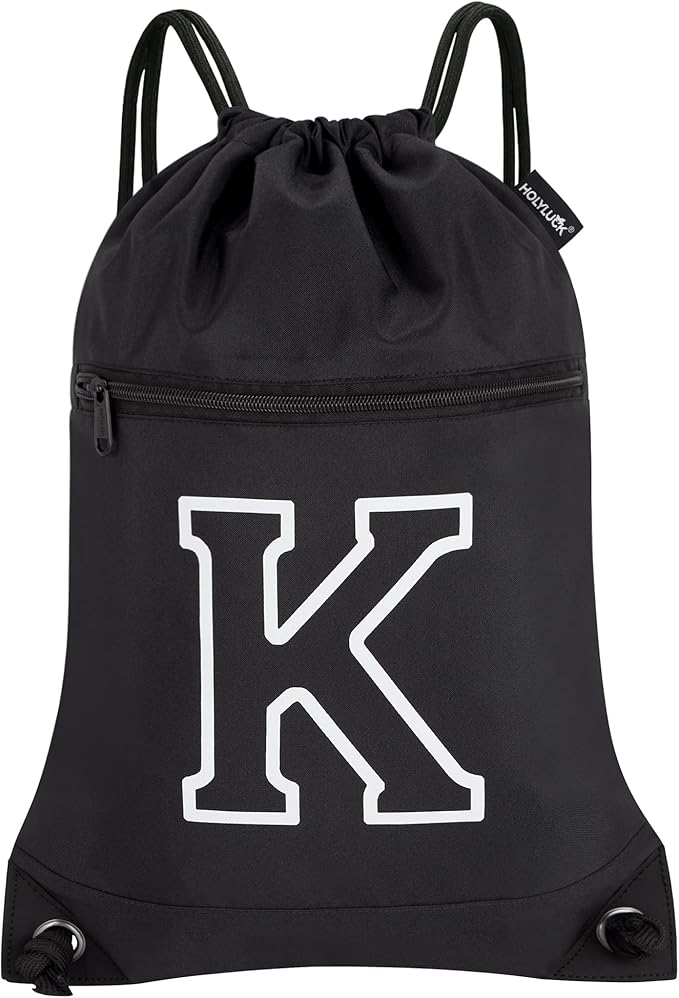 HOLYLUCK Drawstring Bags Initial Backpack Sackpack Cinch Bags for Sports, Gym, Travel, Beach(Black-K)