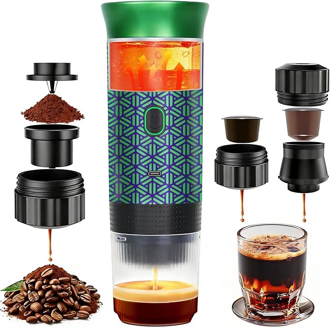 HX HECLX Coffee Maker Gift Set for Camping,Battery Powered Portable Electric Espresso Machine, Rechargeable Coffee Maker Self Heating Ground Coffee Capsule for RV, Hiking (Green mix Black)