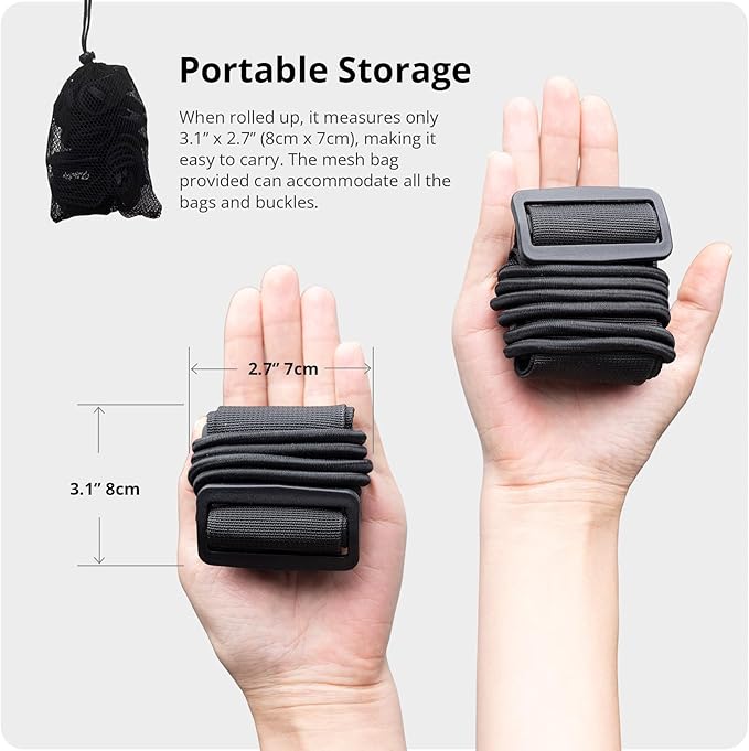 Luggage Straps 3 PCS for Suitcases TSA Approved 2 Short & 1 Long Adjustable Straps with Elastic Thick Rope for Connecting Suitcases and Bags Stably with a Strap Buckle and a Bottle Clip, Black